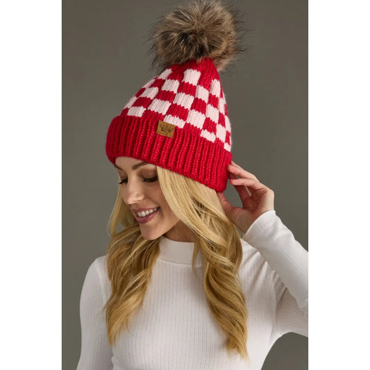 Red & Pink Checkered Pom Hat