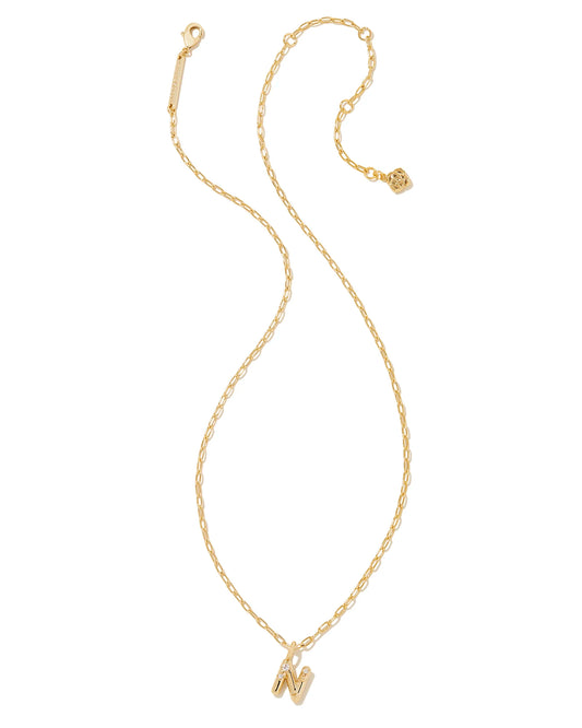 KENDRA SCOTT Crystal Letter N Gold Short Pendant Necklace in White Crystal