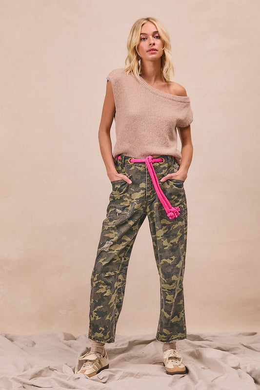 BRAIDED WAIST BELT PATCH CAMOUFLAGE PRINT PANTS