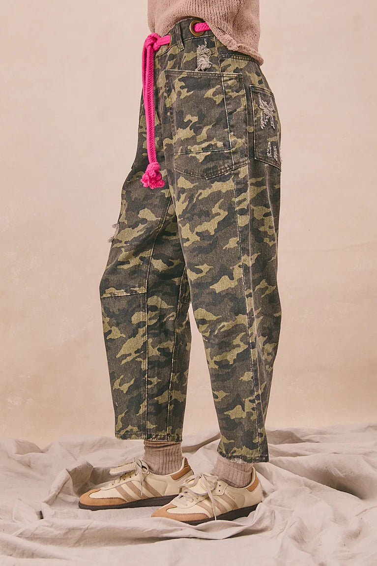 BRAIDED WAIST BELT PATCH CAMOUFLAGE PRINT PANTS