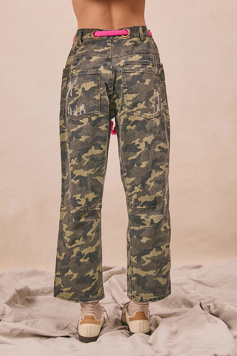 BRAIDED WAIST BELT PATCH CAMOUFLAGE PRINT PANTS