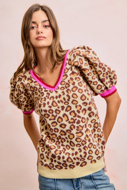 LEOPARD PATTERN PUFF SLEEVE V-NECK SWEATER TOP