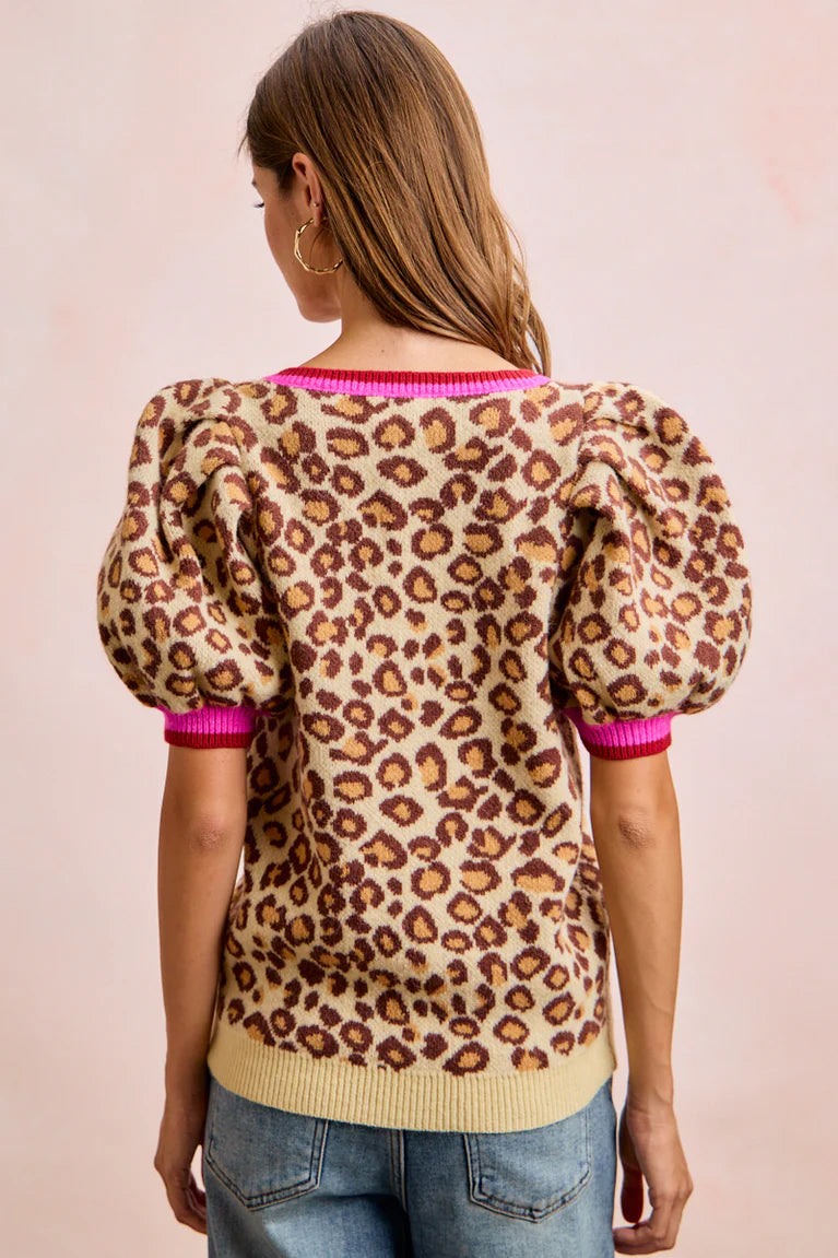 LEOPARD PATTERN PUFF SLEEVE V-NECK SWEATER TOP