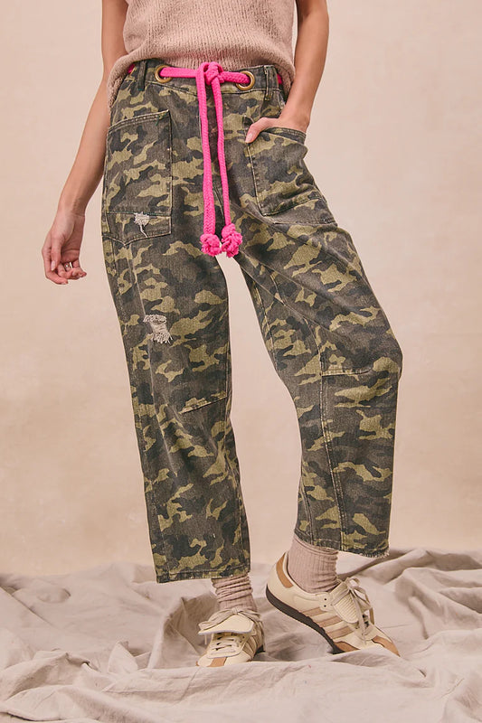 BRAIDED WAIST BELT PATCH CAMOUFLAGE PRINT PANTS