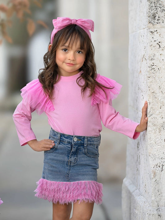 Pink Ruffle Top and Feather Trim Denim Skirt Se