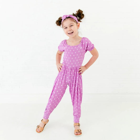 Prehistoric Purple Polka Dot Girls Bamboo Smocked Romper