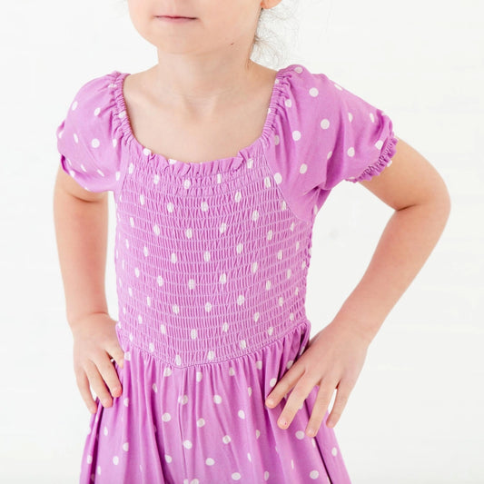 Prehistoric Purple Polka Dot Girls Bamboo Smocked Romper