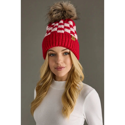 Red & Pink Checkered Pom Hat