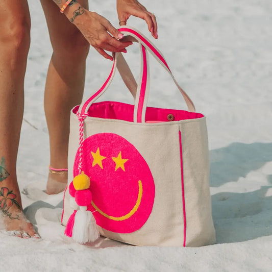 Hot Pink Star Eye Happy Face Tote Bag