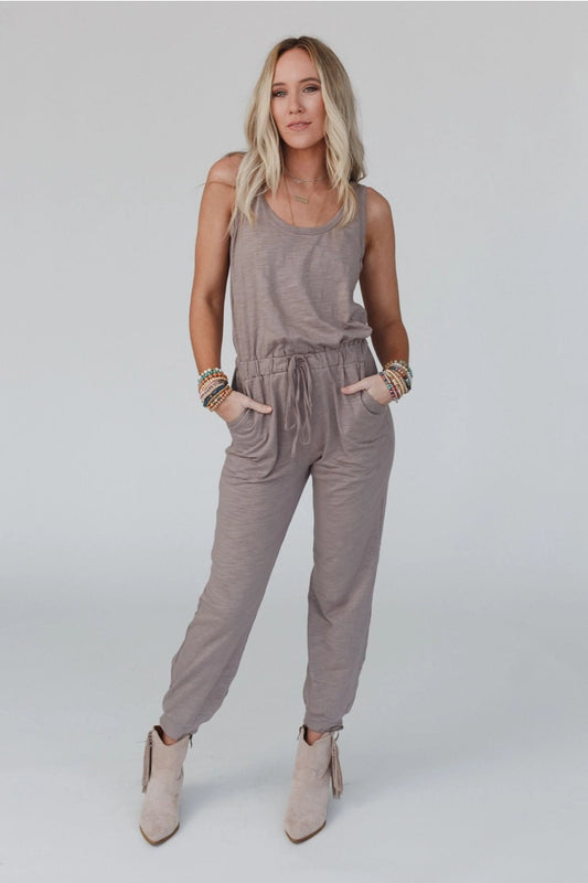 Three Bird Nest Set To Go Textured Jumpsuit and Cardigan Set - Mocha