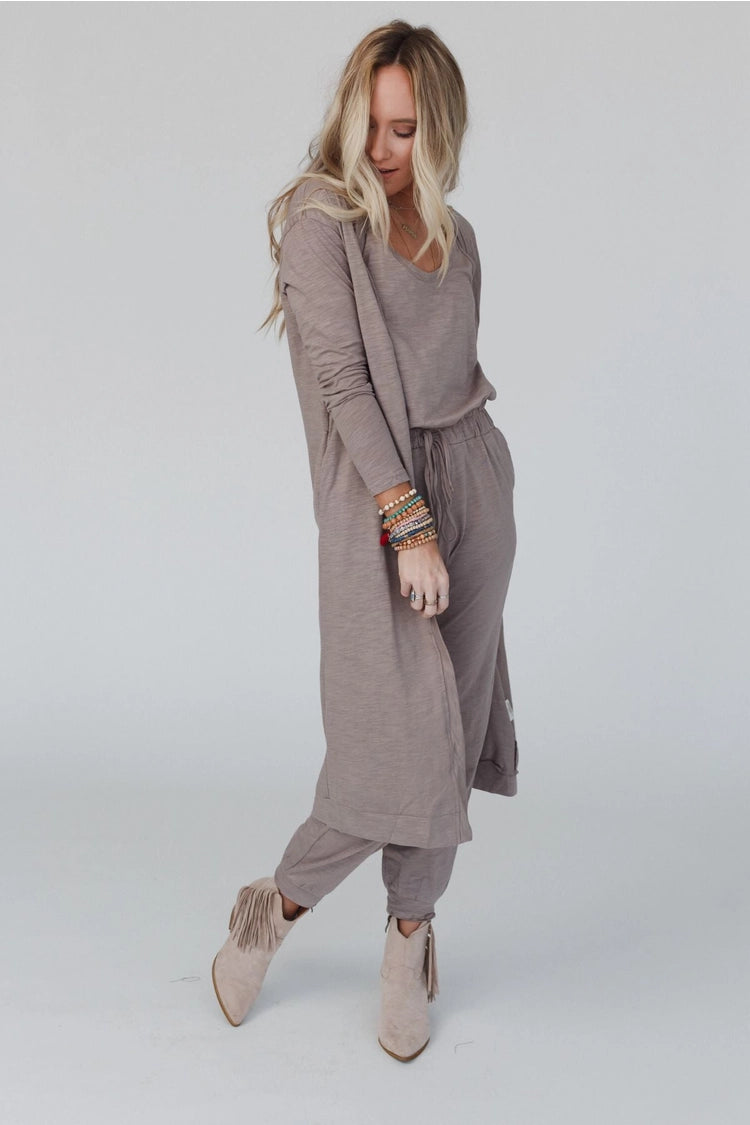 Three Bird Nest Set To Go Textured Jumpsuit and Cardigan Set - Mocha