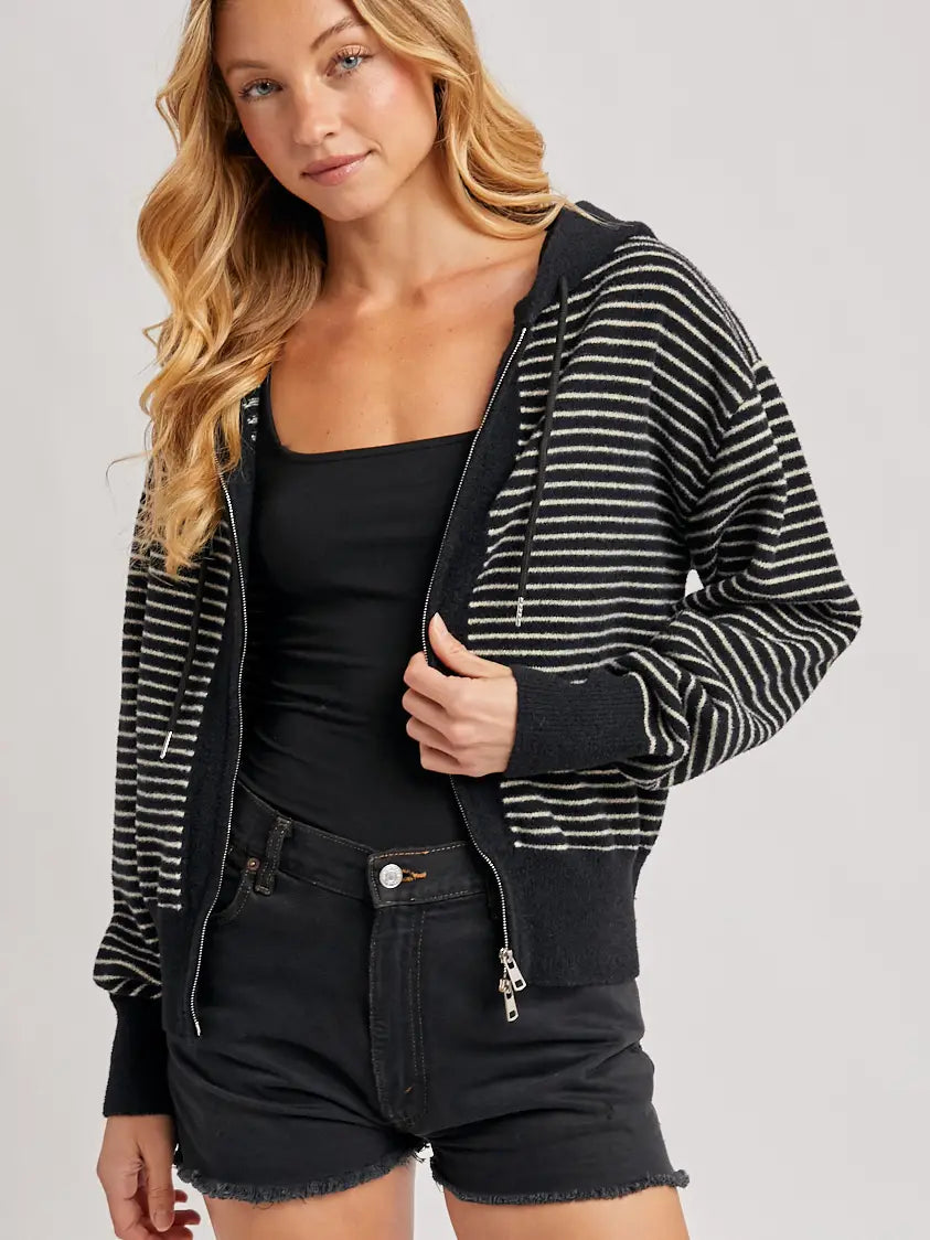 Striped Zipper Front Knit Hoodie Jacket
