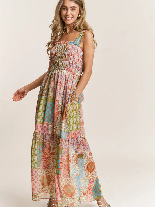 Smocked Top Patch-Work Maxi Dress