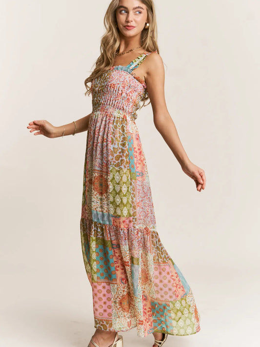 Smocked Top Patch-Work Maxi Dress