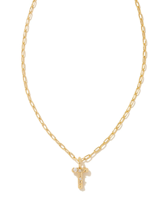 KENDRA SCOTT Crystal Letter T Gold Short Pendant Necklace in White Crystal