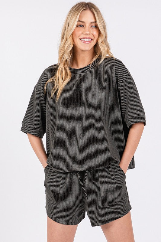 RIBBED ROUND NECK TOP AND SHORTS SET