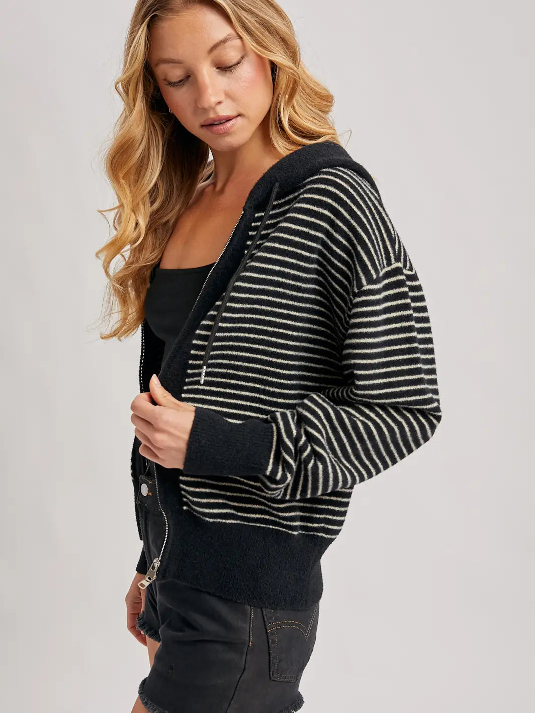 Striped Zipper Front Knit Hoodie Jacket