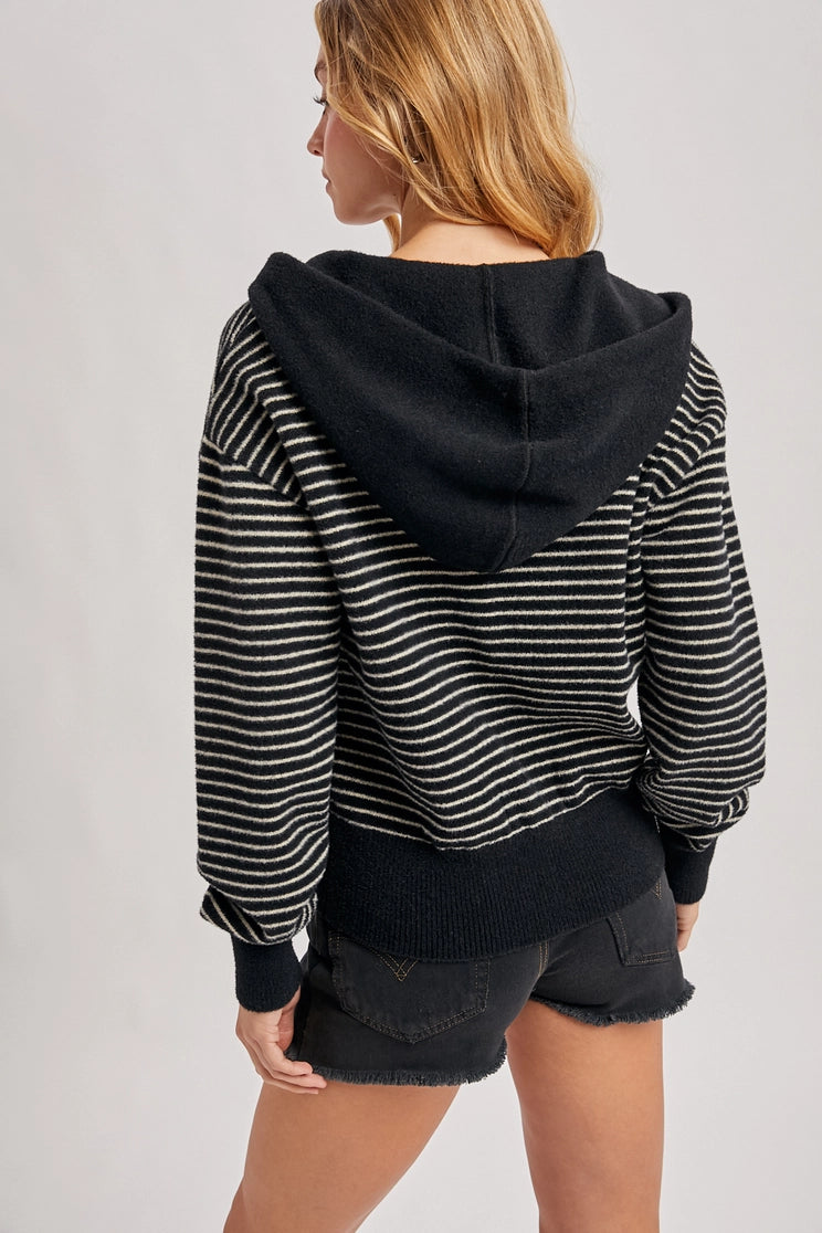Striped Zipper Front Knit Hoodie Jacket