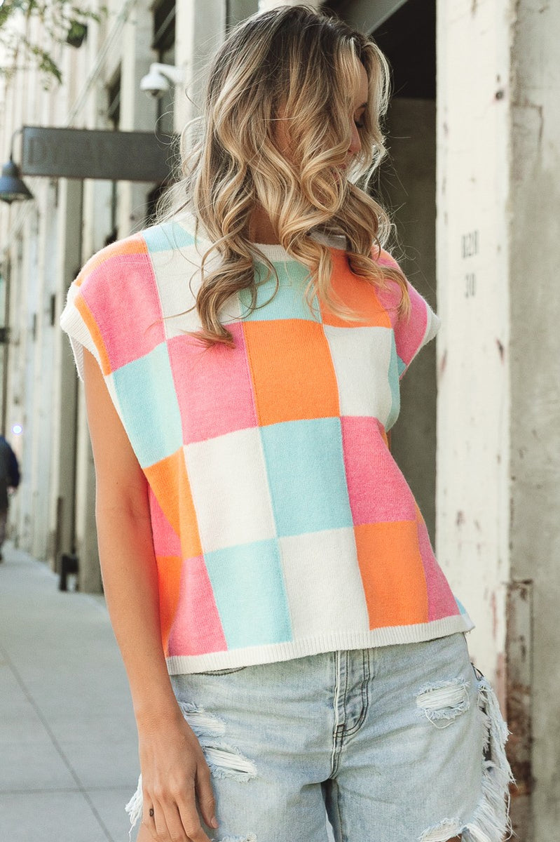 BIBI MULTI COLORS CHECKER SWEATER VEST in Orange/Pink/Denim