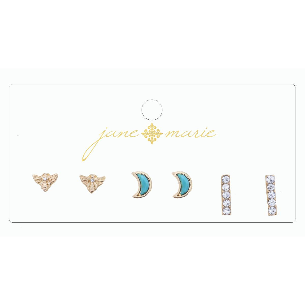 3 STUD, TURQUOISE MOON, RHINESTONE BAR, AND BEE EARRING