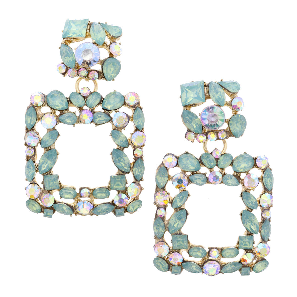 MINT & AB CRYSTAL SQUARE POST & OPEN SQUARE EARRING