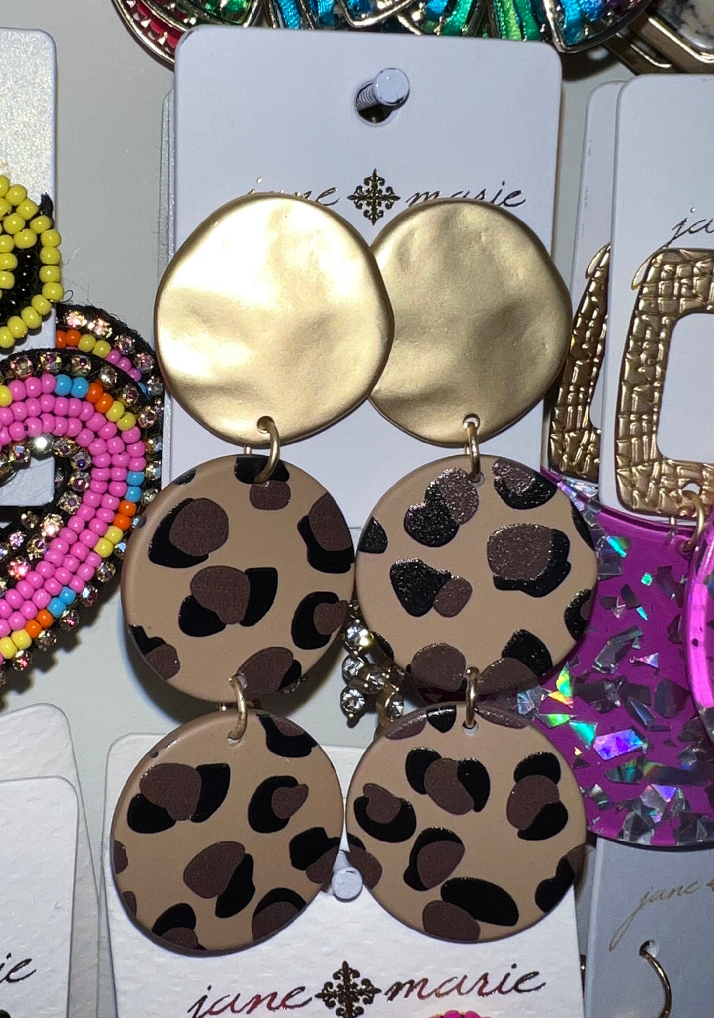 GOLD CIRCLE POST WITH 2 LEOPARD CIRCLE DANGLES