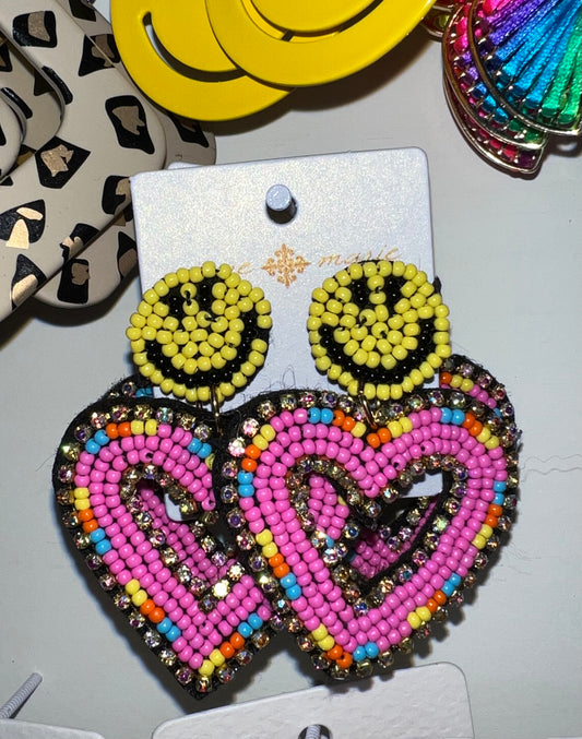 SEED BEAD HAPPY FACE POST WITH MULTI SEED BEAD AND CRYSTAL HEART EARRINGS