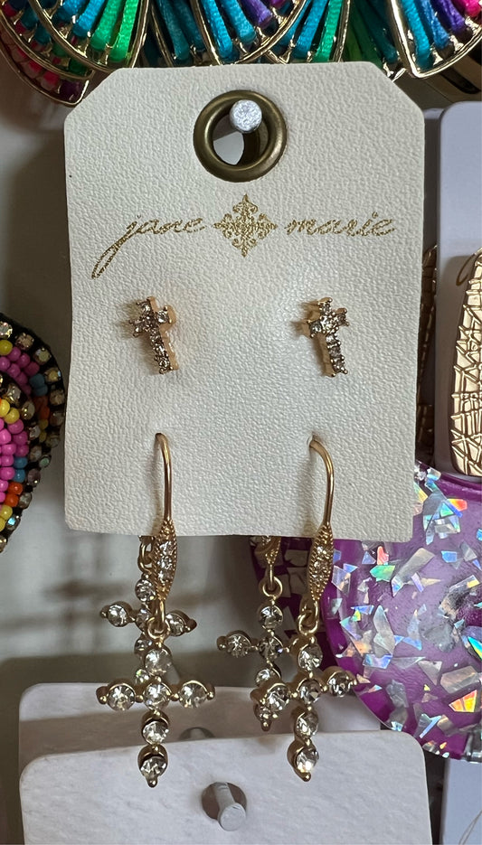 SET OF 2 CRYSTAL DANGLE WITH CRYSTAL CROSS