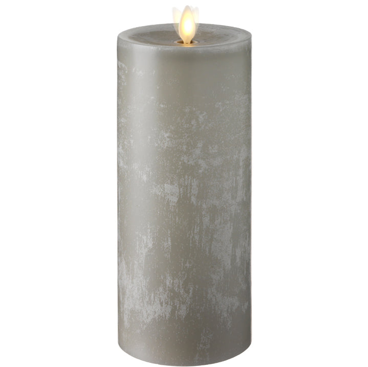 MOVING FLAME GREY CHALKY PILLAR CANDLE 3.5" X 8.5"